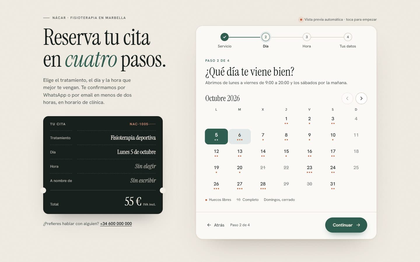 Lo que generó la IA con el prompt Completo de Reserva de cita en 4 pasos